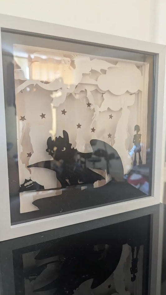 Lightbox Krokmou et Harold en papier découpé - Décoration artisanale Dragons
