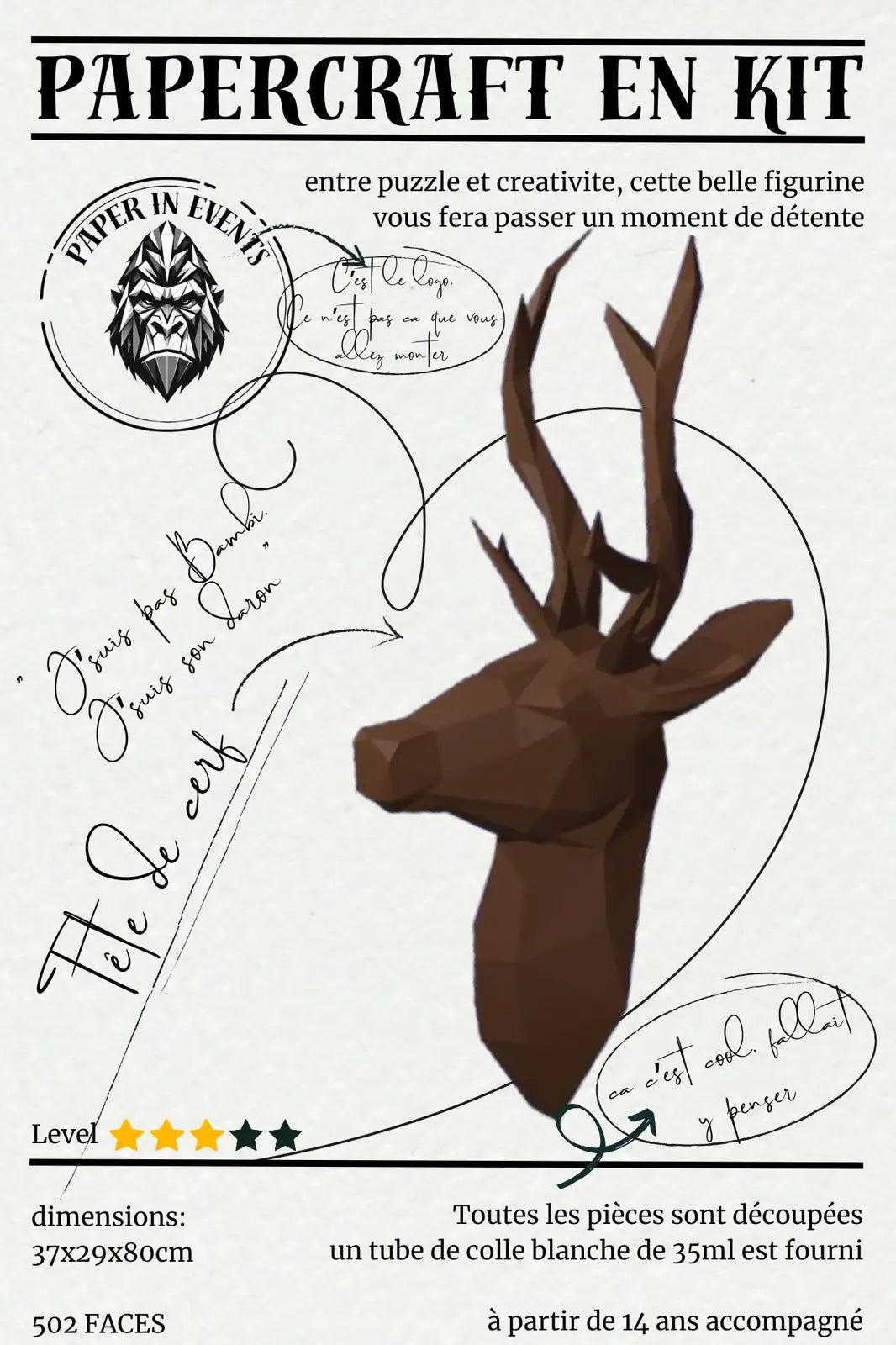 Papercraft tête de cerf en papier – décoration murale 3D à monter soi-même