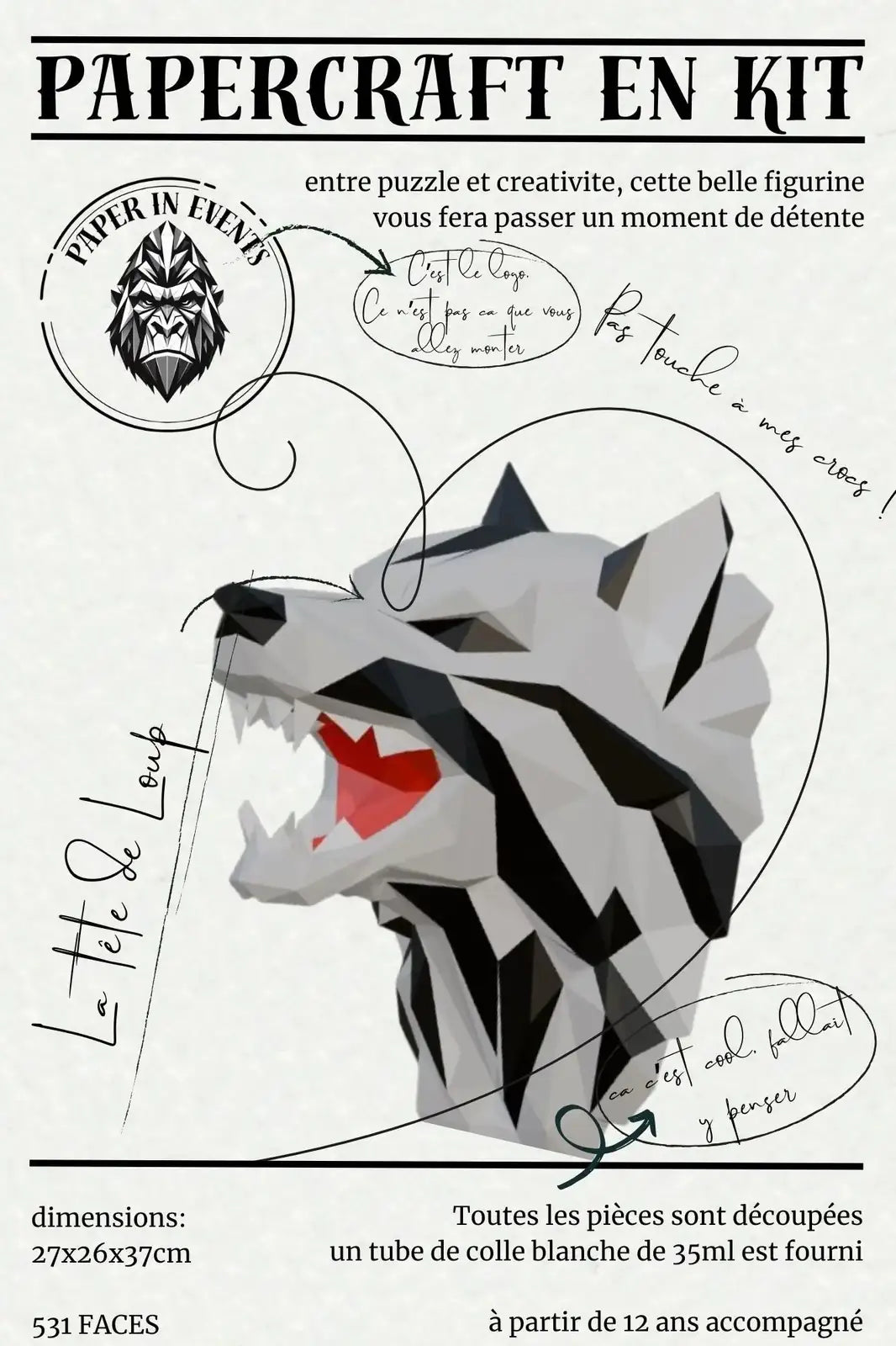 Papercraft tête de loup – kit 3D en papier à monter