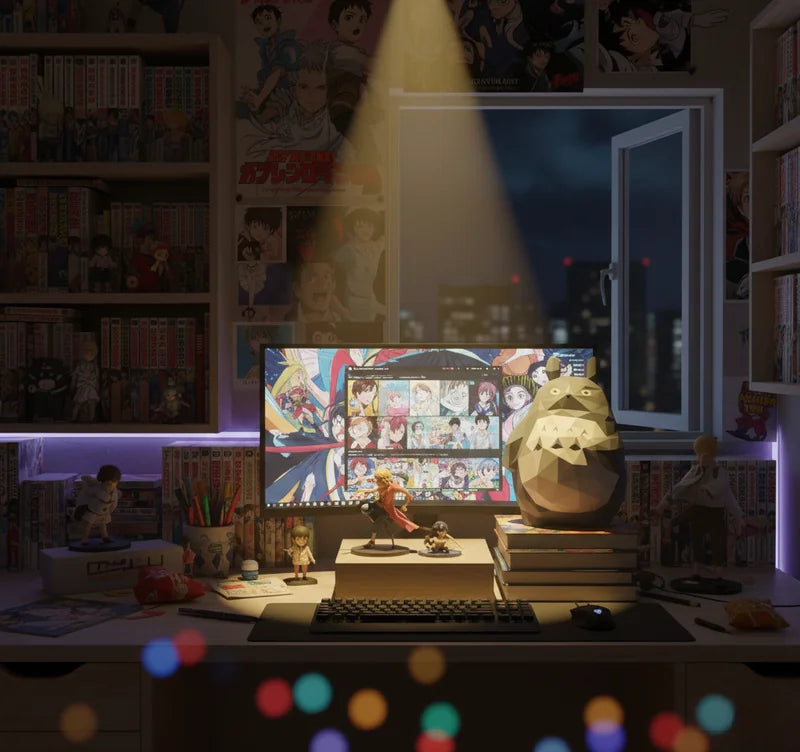 Figurine Totoro en papercraft low poly posée sur un bureau de fan de manga avec bibliothèque et écran.