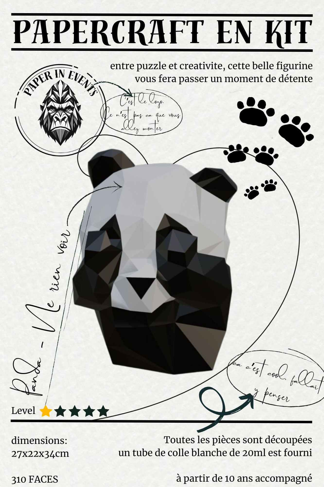 Papercraft 3 pandas de la sagesse en papier – figurines 3D à monter soi-même