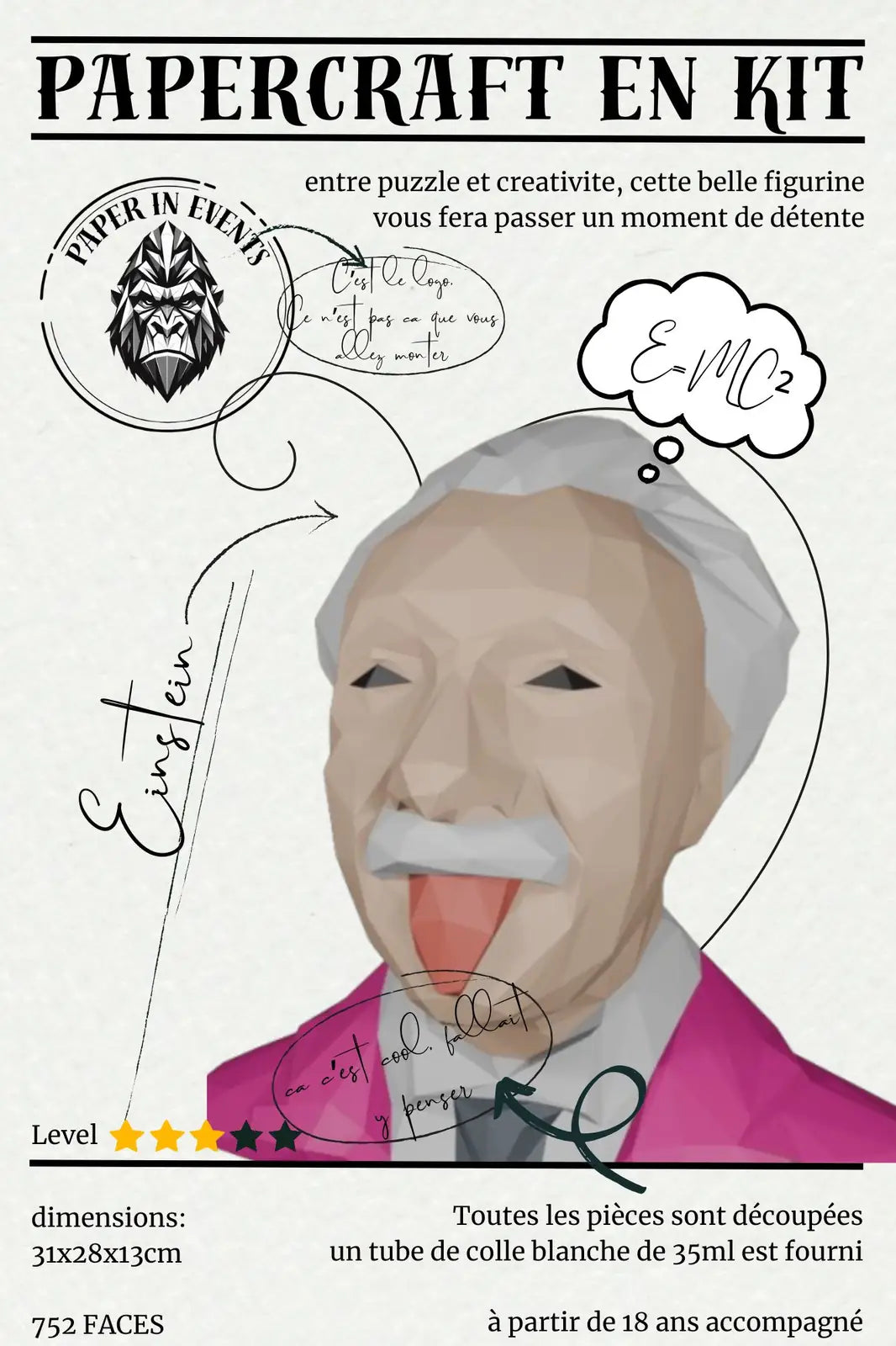 Papercraft portrait d’Albert Einstein en papier – décoration murale 3D
