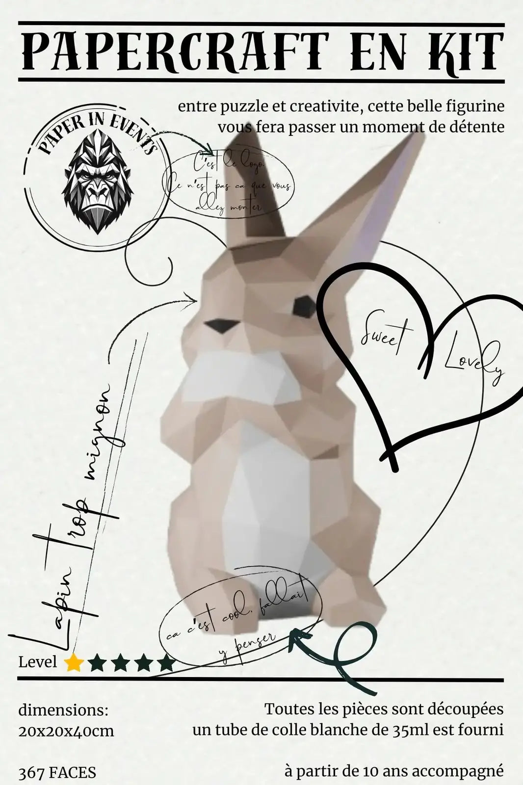 Papercraft lapin – kit 3D en papier à monter