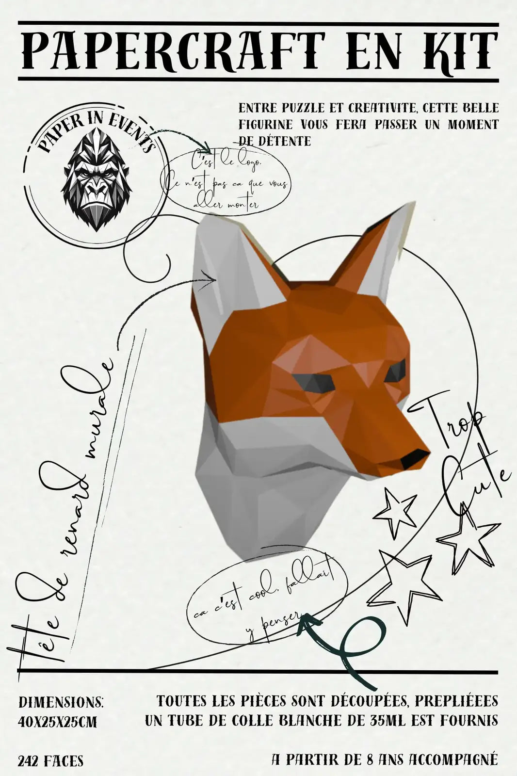 Papercraft tête de renard 40 cm – kit 3D en papier à monter