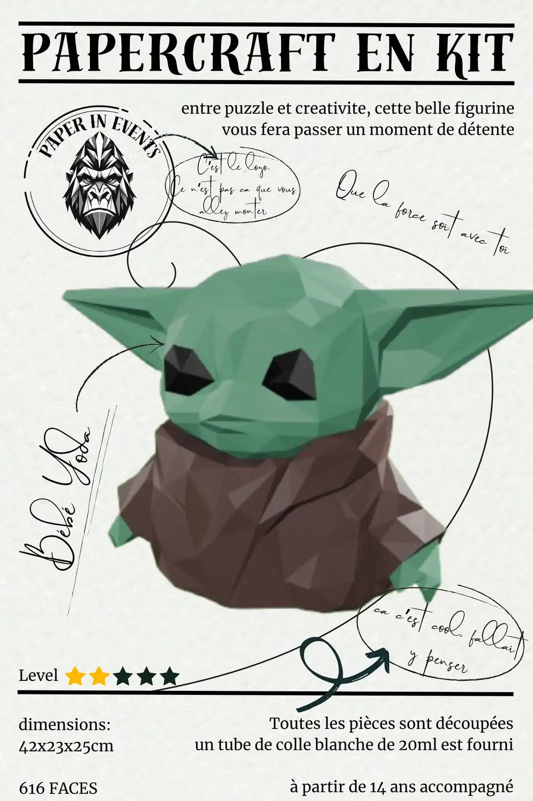 Bébé Yoda en papercraft – Kit figurine 3D DIY Star Wars à monter