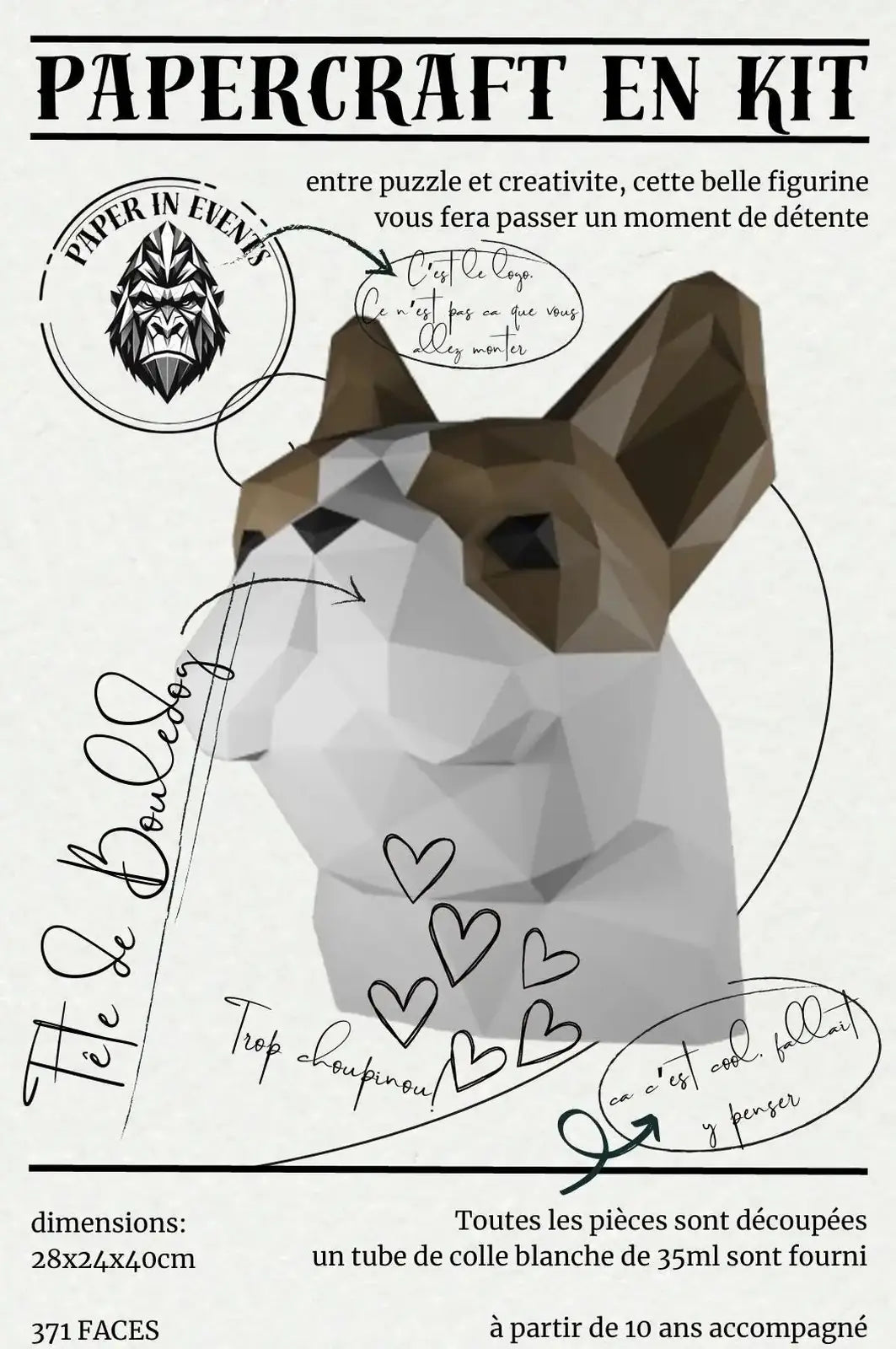 Papercraft tête de bouledogue français 40 cm – kit 3D en papier à monter