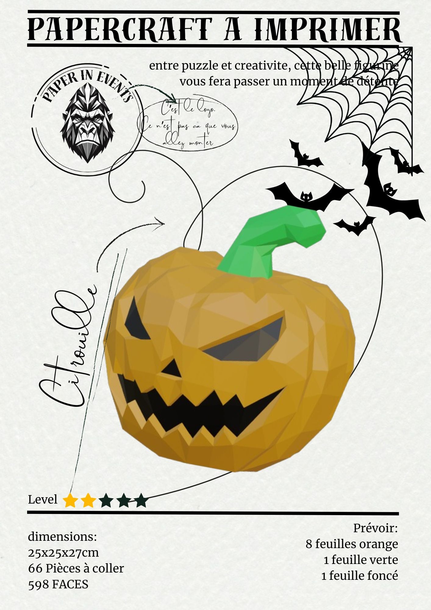 Citrouille d'Halloween 27cm, Kit Papercraft à monter