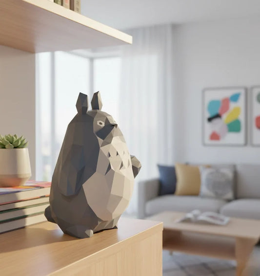 Décoration d'intérieur moderne avec une figurine Totoro en papier 40cm, vue de trois-quarts dans un salon lumineux.