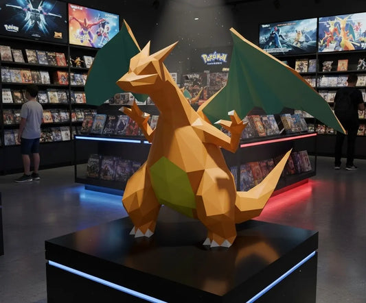 charizard en papercraft 3D origami dans magasin de jeux video