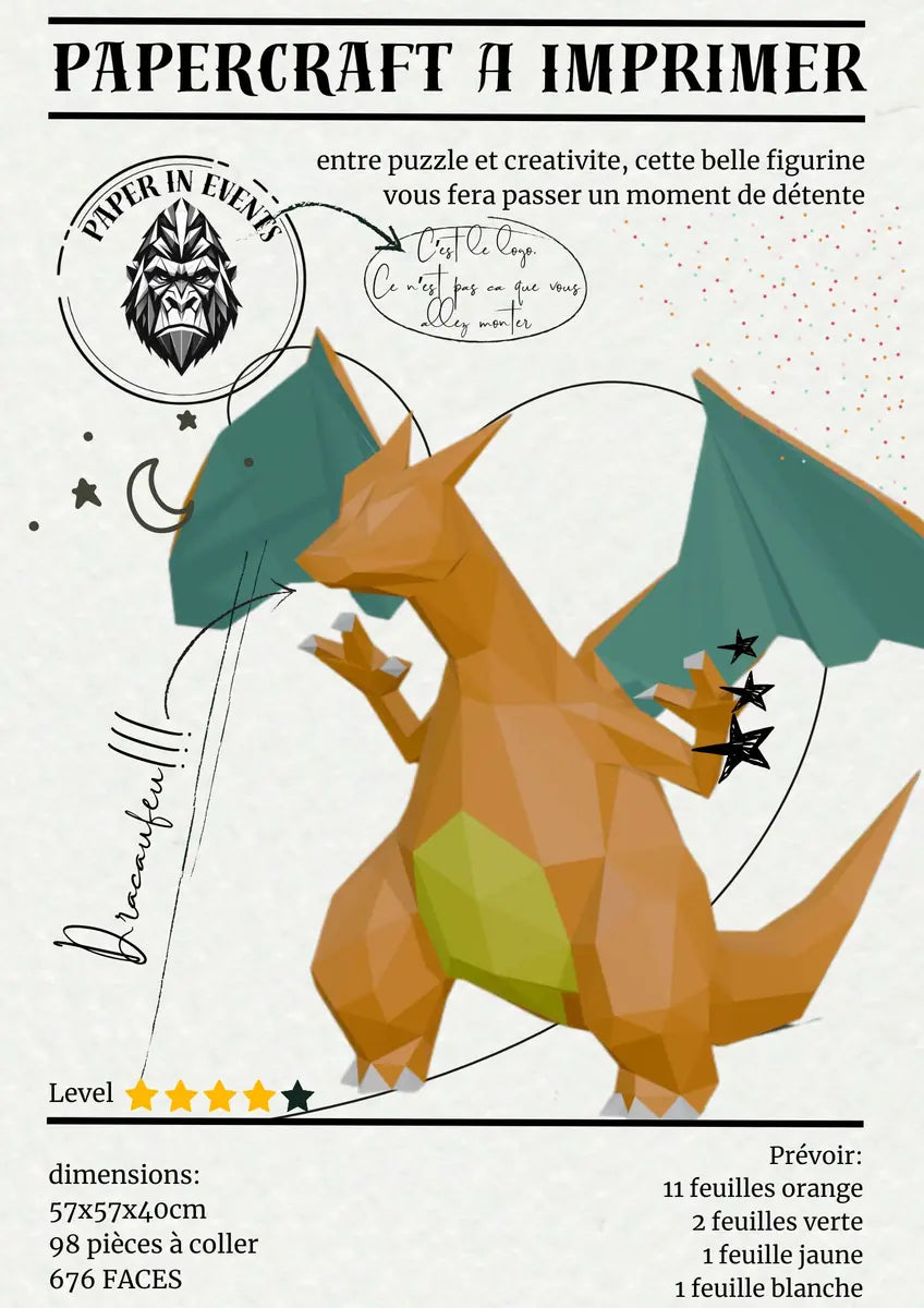 patron a imprimer dracaufeu en papercraft 3D origami