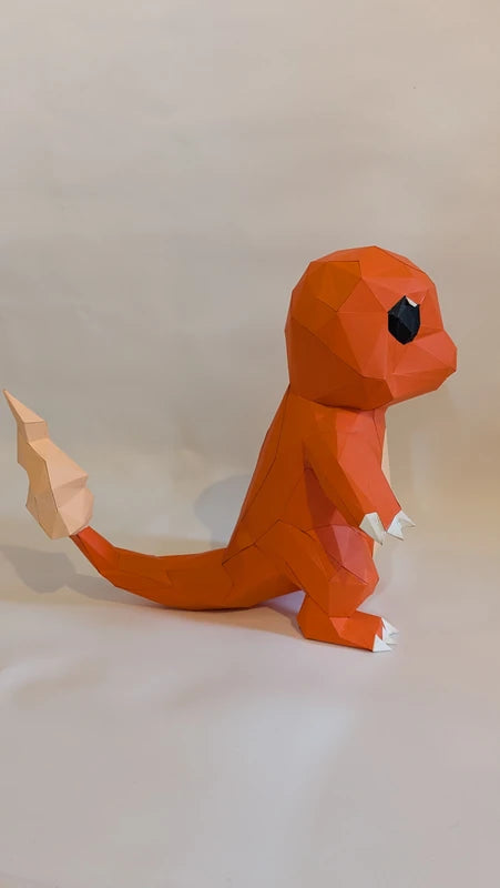 Salamèche Pokémon en papier 3D, figurine décorative à assembler soi-même, design moderne.