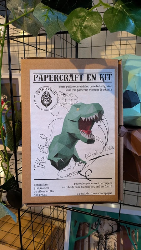 Présentation boîte du kit papercraft T-Rex mural avec dimensions et nombre de pièces - Paper In Events.