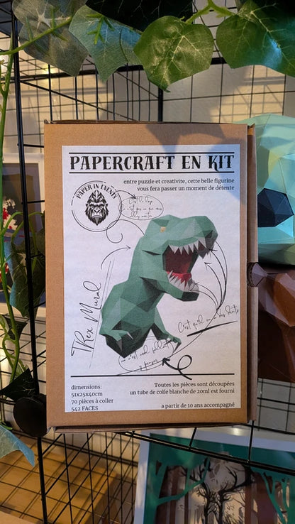 Présentation boîte du kit papercraft T-Rex mural avec dimensions et nombre de pièces - Paper In Events.