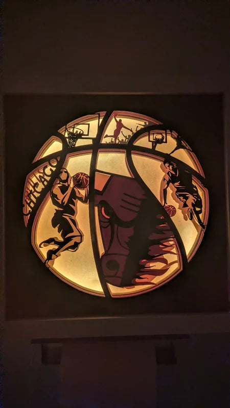 Lightbox NBA Chicago Bulls allumée en papercut, décoration murale basketball