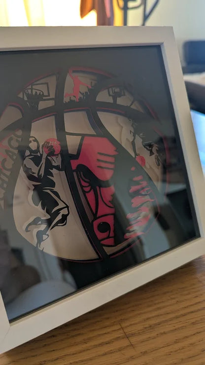 Lightbox NBA Chicago Bulls en papercut vue de biais dans un cadre décoratif