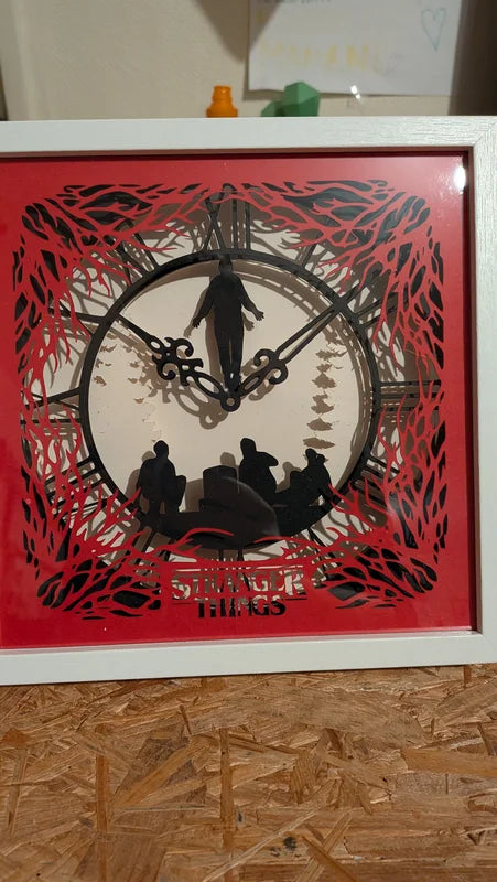 shadowsbox prise de face montrant l'horloge de vecna,les plantes grimpante et au centre la scene mythique quand max est dans le ciel