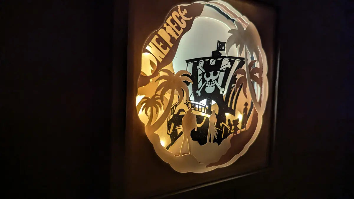 Gros plan sur la scène One Piece montrant Chopper et Zoro dans la lightbox en plusieurs couches de papier