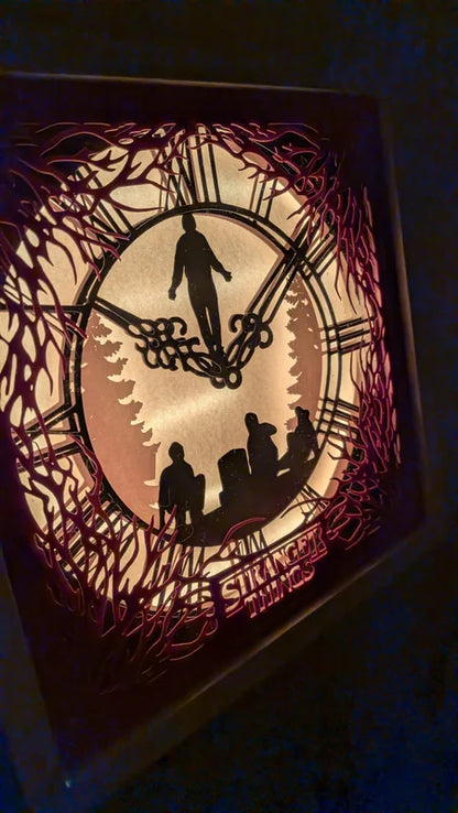 shadowsbox prise de biais montrant l'horloge de vecna,les pante grimpante et au centre la scene mythique quand max est dans le ciel