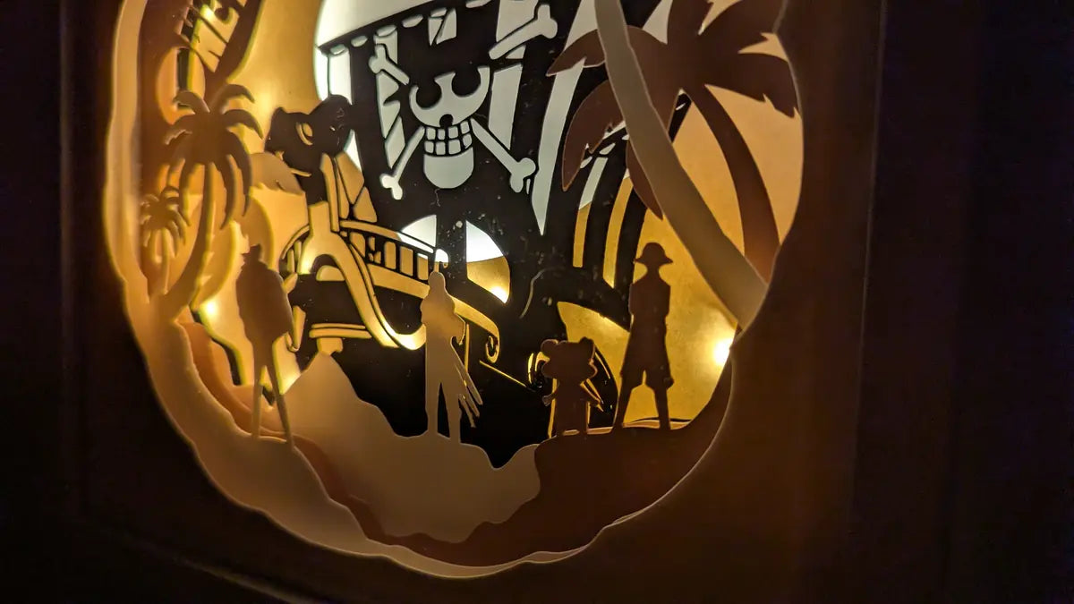 Gros plan sur la lightbox One Piece montrant les détails en papier de Luffy éclairé par la lumière arrière